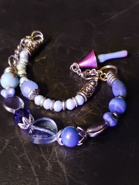 Hand Crafted Purple and Blue Mixed Bead Charm Bracelet W/MUSHROOM Charmlet